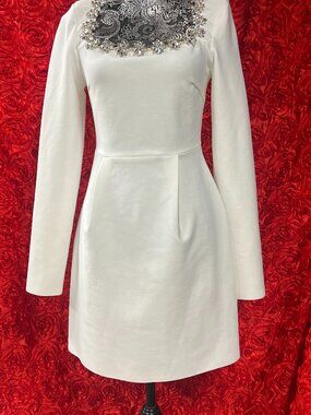 Anewsta Rhinestone Square Collar Long Sleeve White Cocktail Dress L